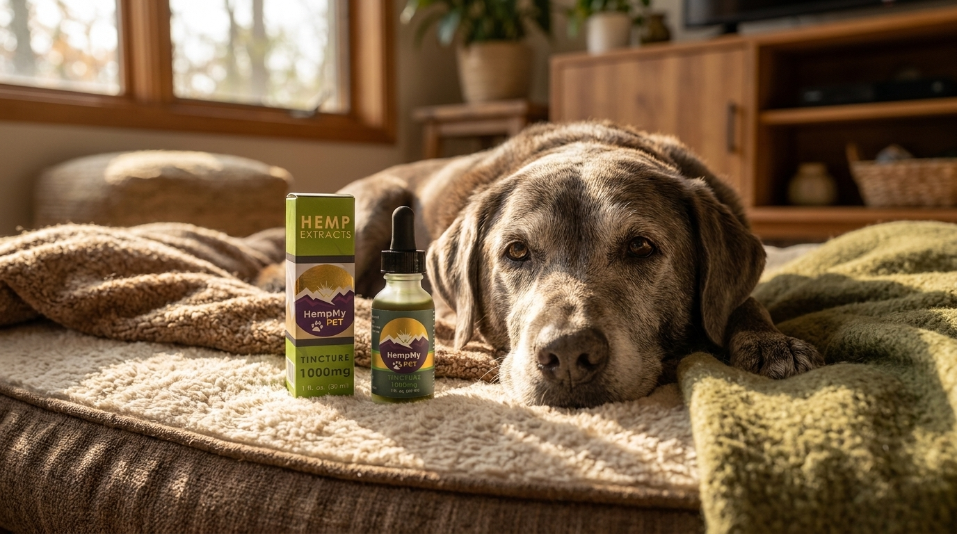 Senior gray-muzzled dog resting beside HempMy Pet full-spectrum hemp CBD oil