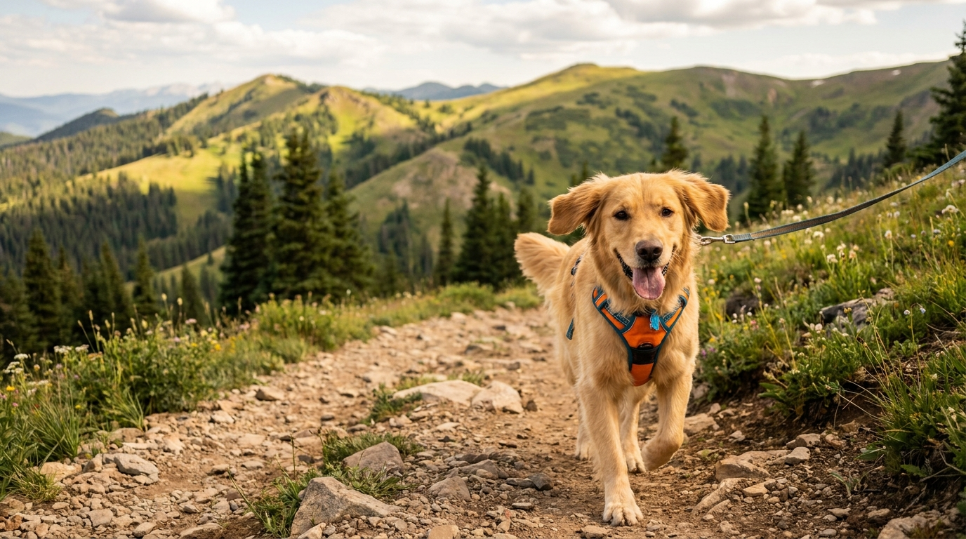 Happy dog wearing a hiking harness on a rocky mountain trail