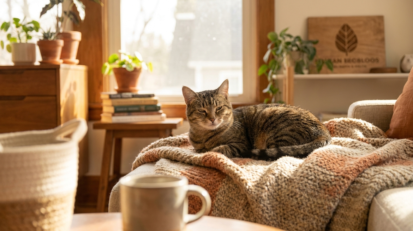 Calm healthy cat resting comfortably at home