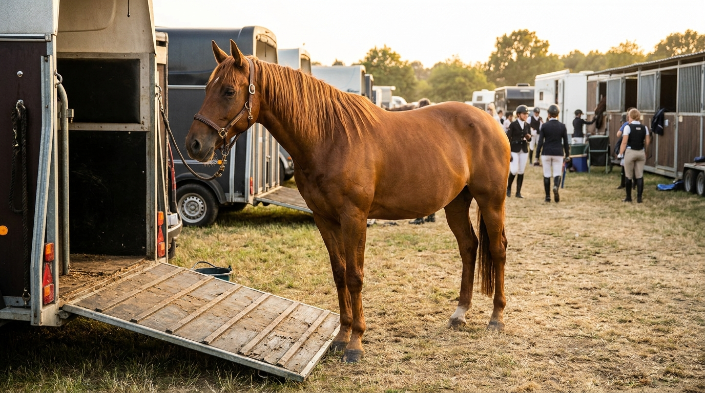 Relaxed bay horse beside an open trailer ramp at a show