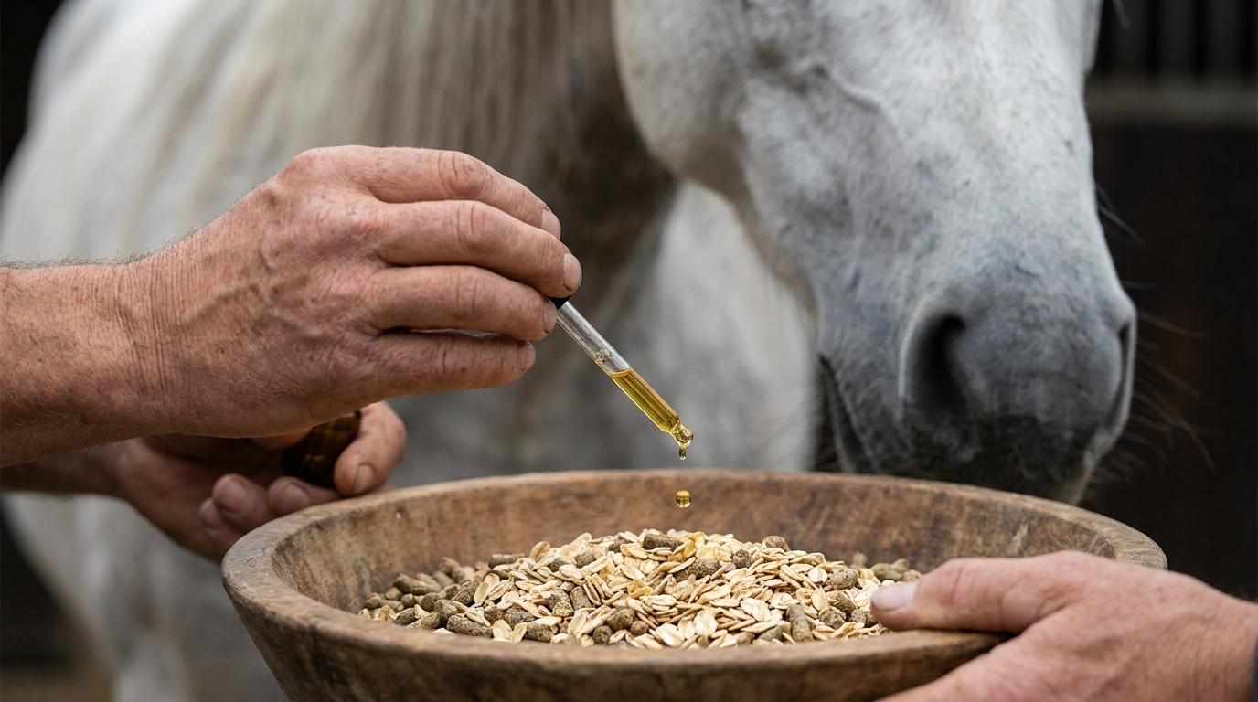 Adding a dropper of hemp oil to a grey horse's feed for correct dosage