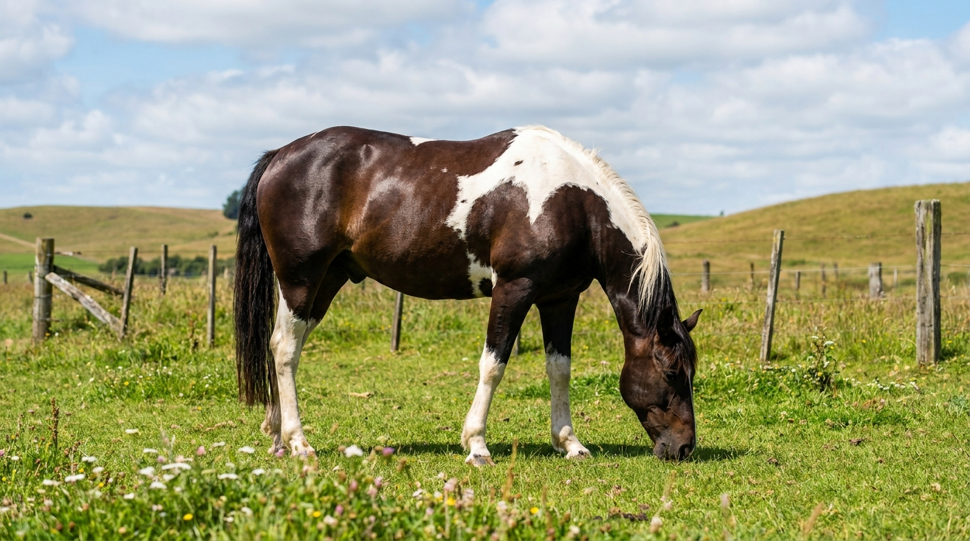 Healthy paint horse in a paddock — is CBD safe for horses