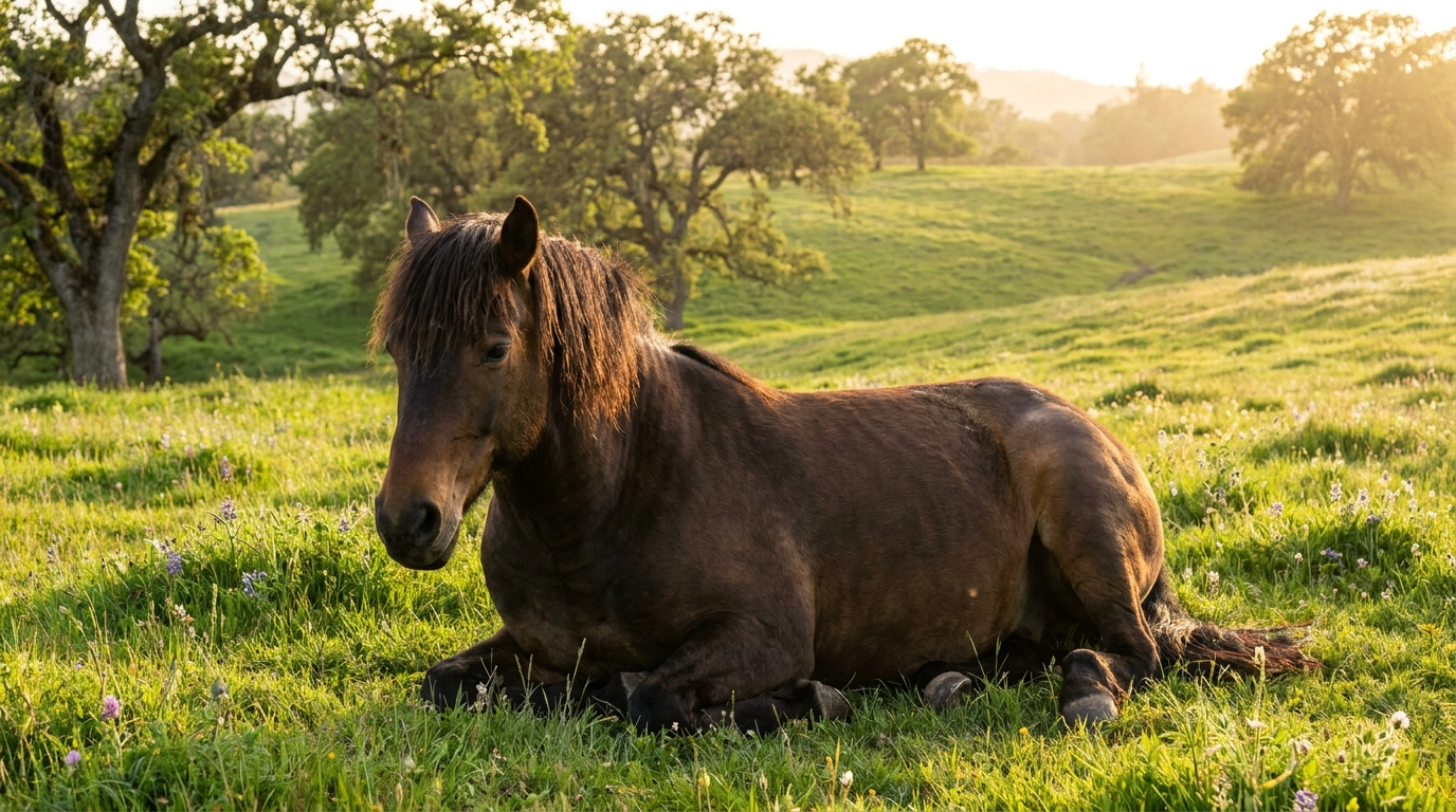 How cannabidiol works in horses — relaxed brown horse in a pasture