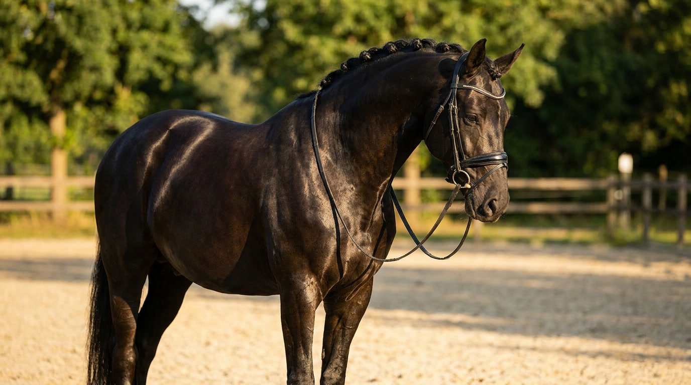 Calm black dressage show horse, like Wise Guy, after HempMy Pet hemp oil