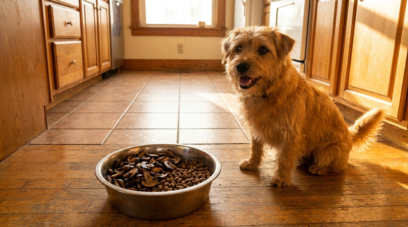Cooked culinary mushrooms mixed into a dog's food bowl