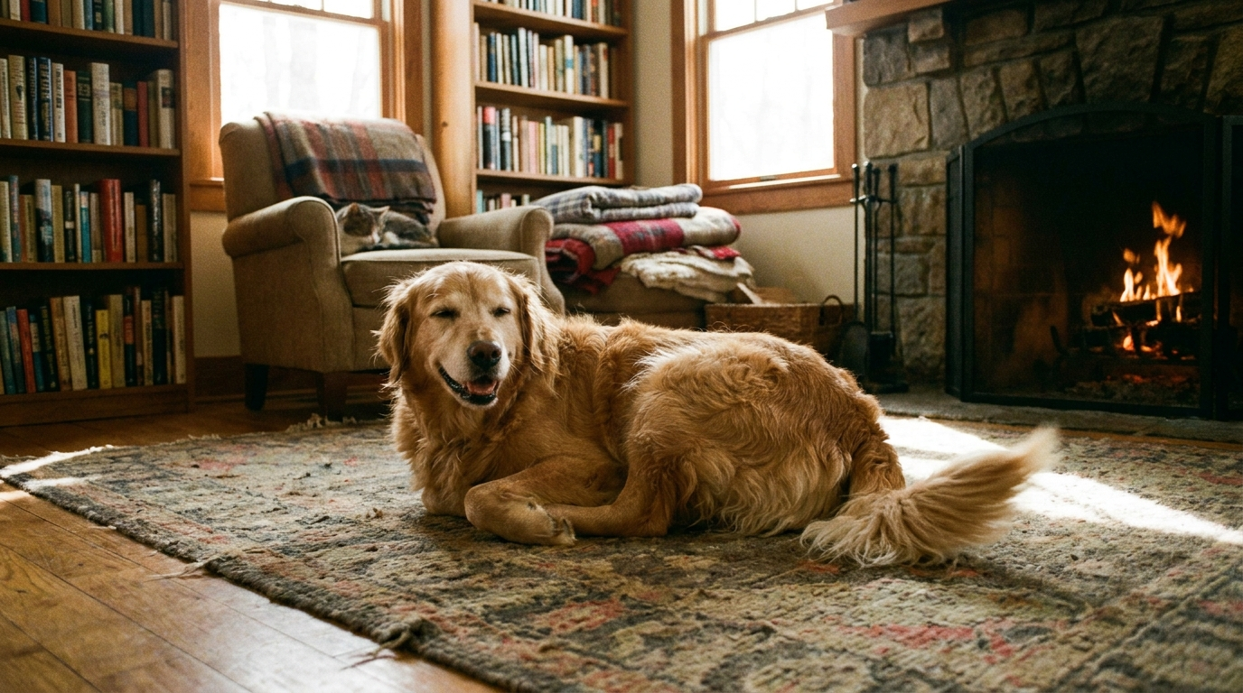 A calm, content dog relaxing at home