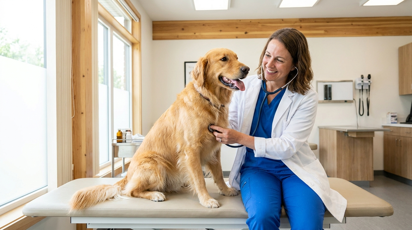 A veterinarian examining a happy dog in a clinic
