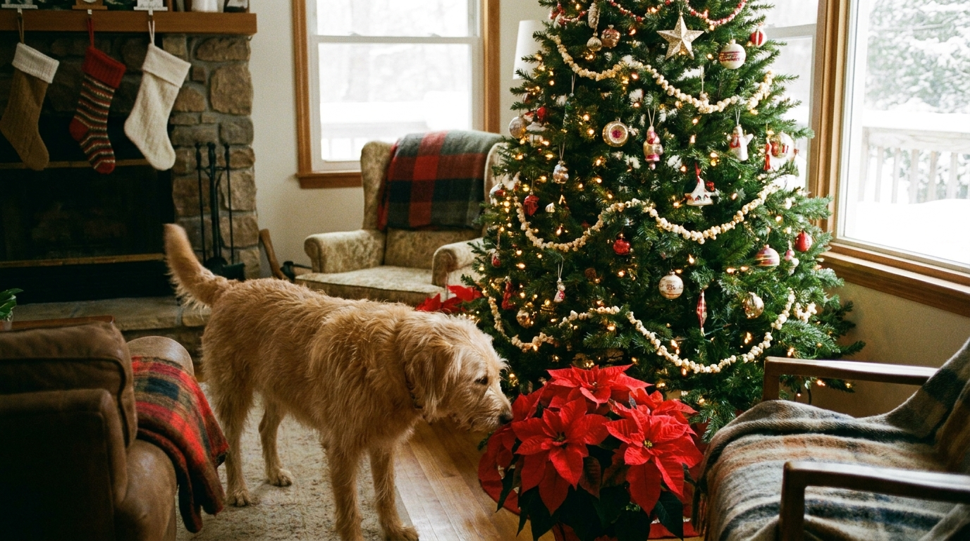 A curious dog near a Christmas tree and poinsettia