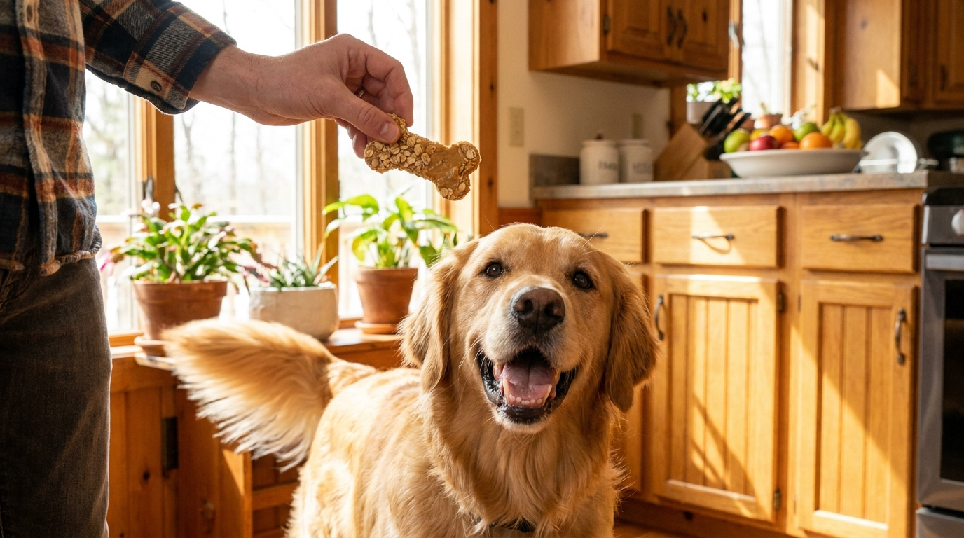 A happy dog eyeing a wholesome treat