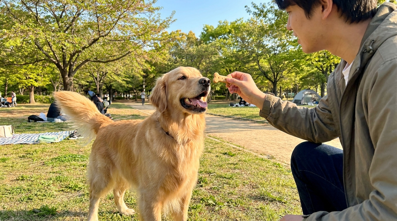 A person rewarding a happy dog with a hemp biscuit