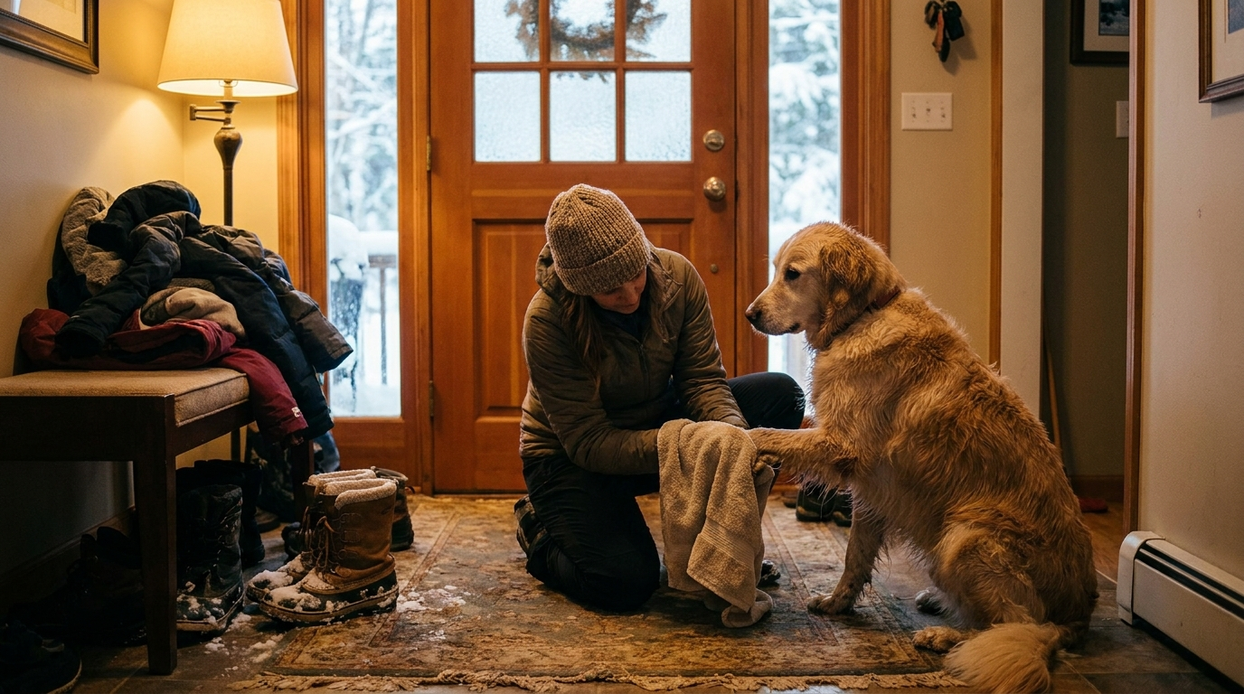 Wiping a dog's paws after a snowy walk