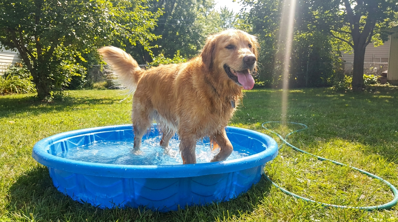 A dog cooling off in a kiddie pool in summer