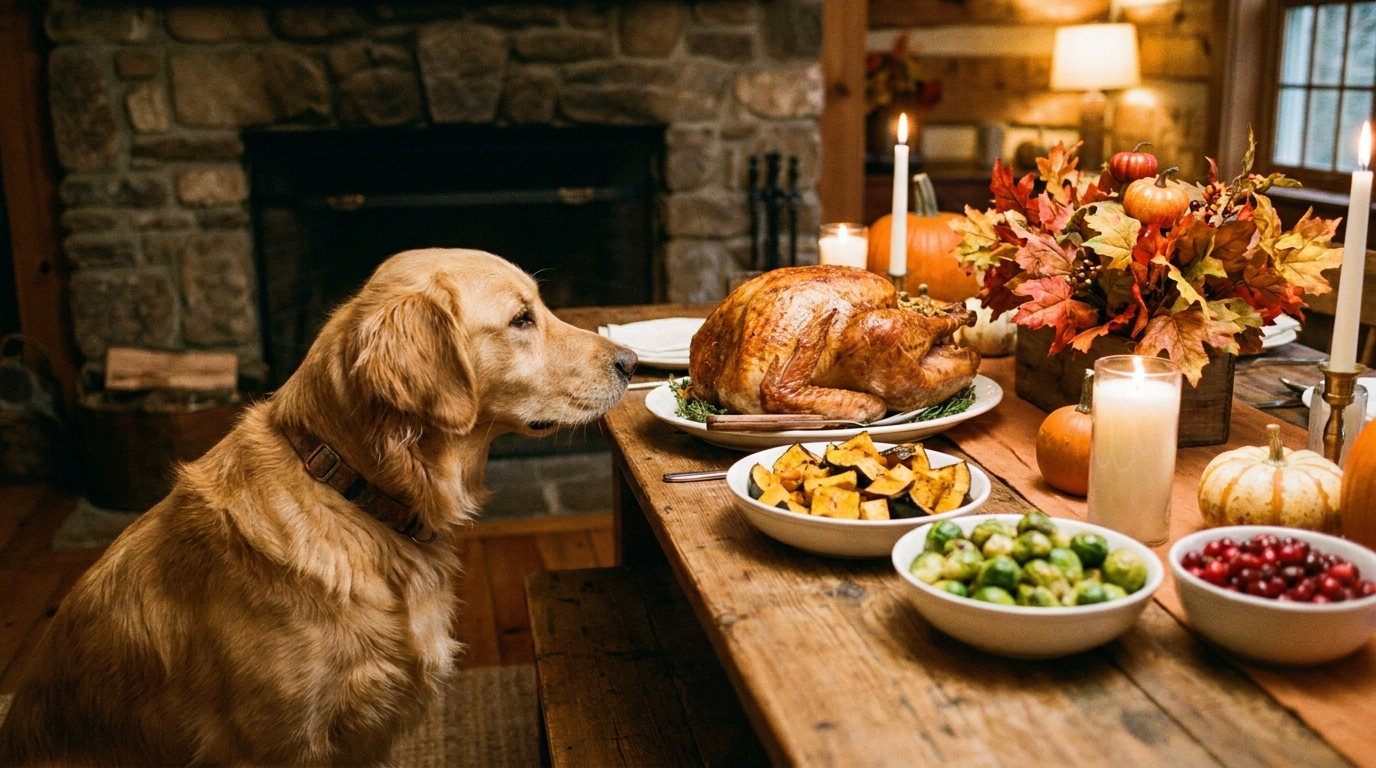 A dog sitting politely by the Thanksgiving table