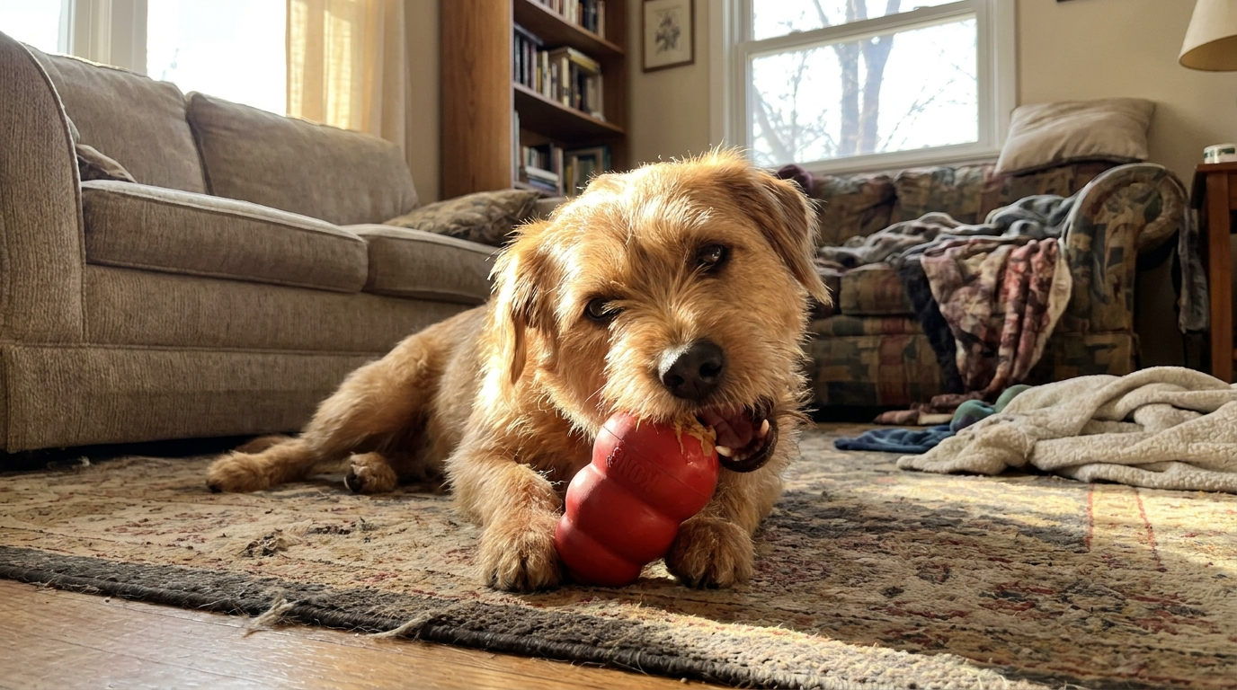 A dog happily working a treat-stuffed toy