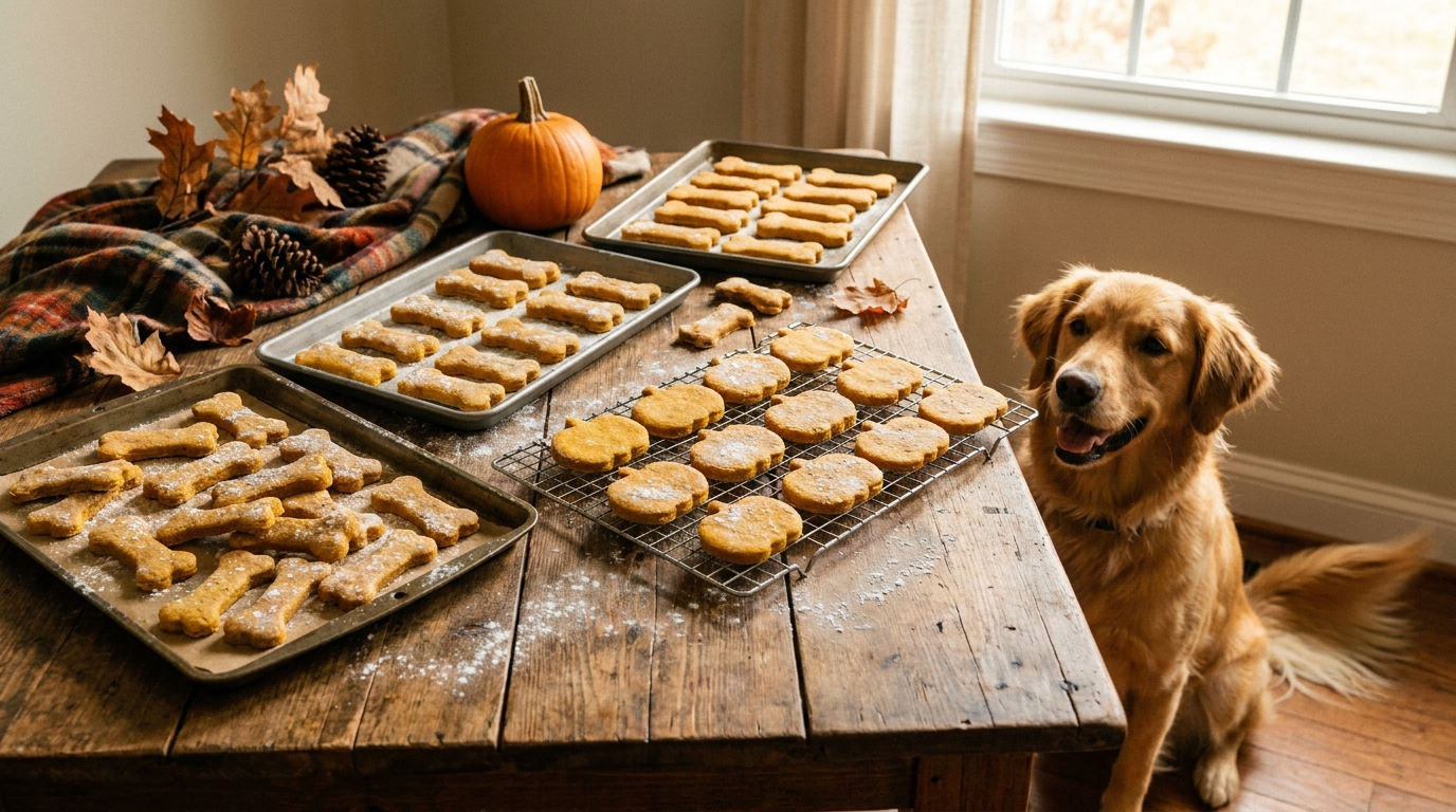 Homemade pumpkin dog treats cooling on a table