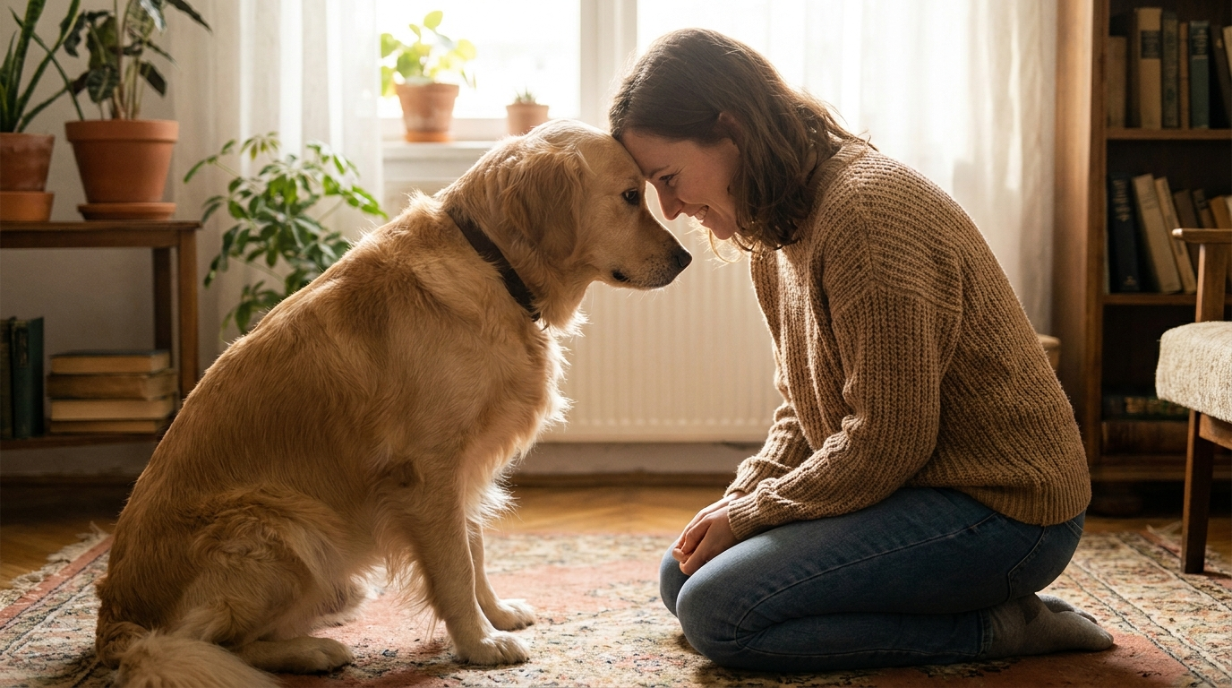 A person and dog sharing an affectionate gaze