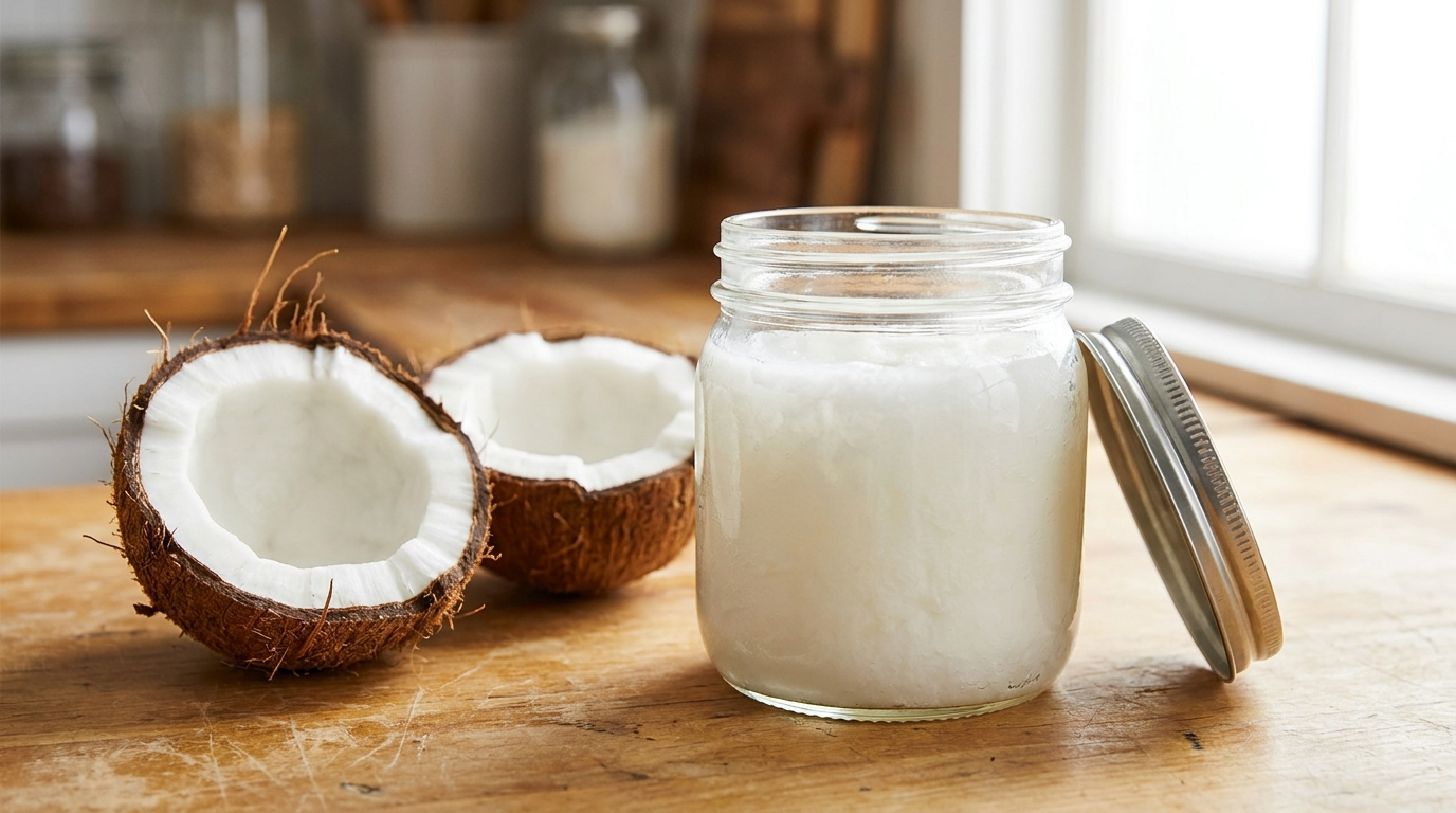 Virgin coconut oil beside fresh coconut
