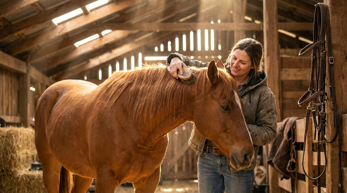 A person bonding with a calm horse during equine therapy