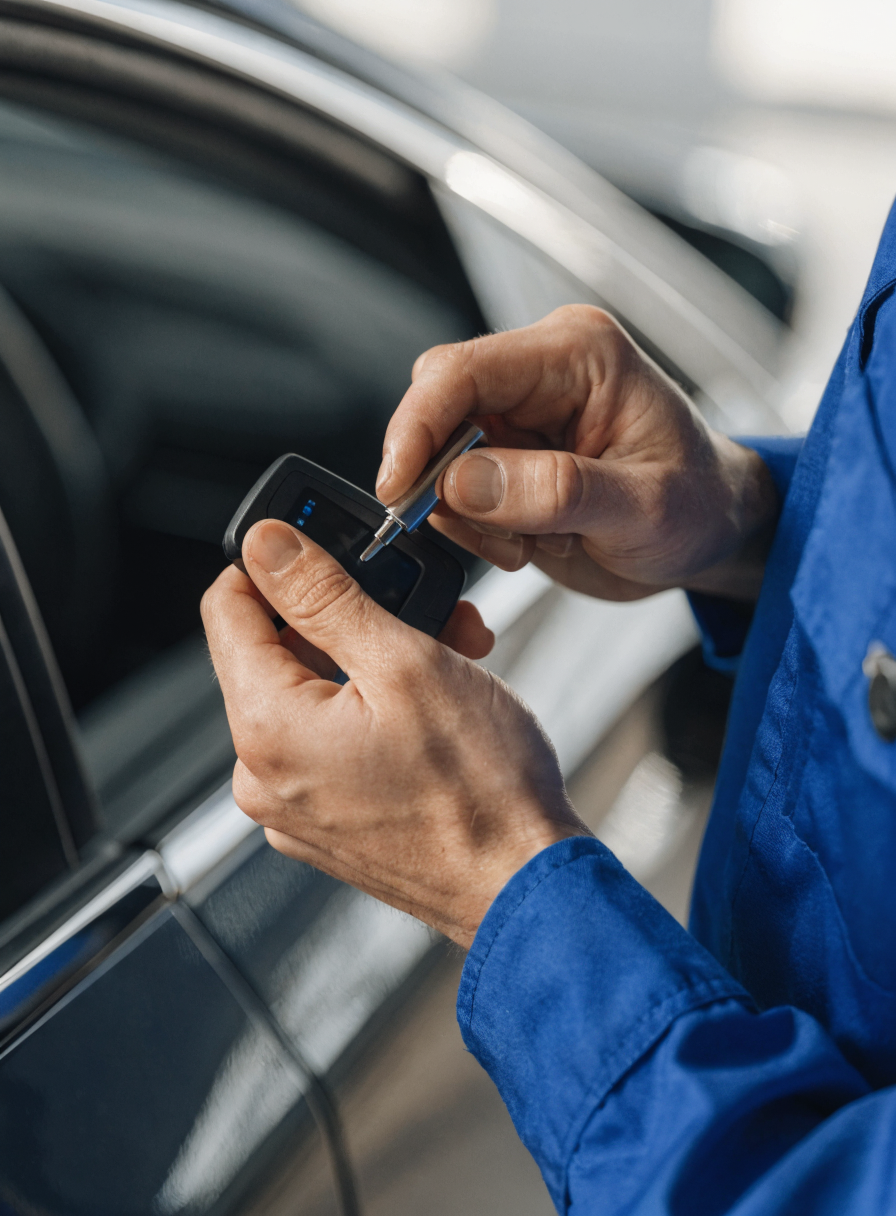Locksmith programming a car key fob