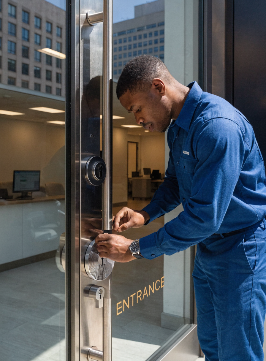 Locksmith servicing a commercial storefront lock
