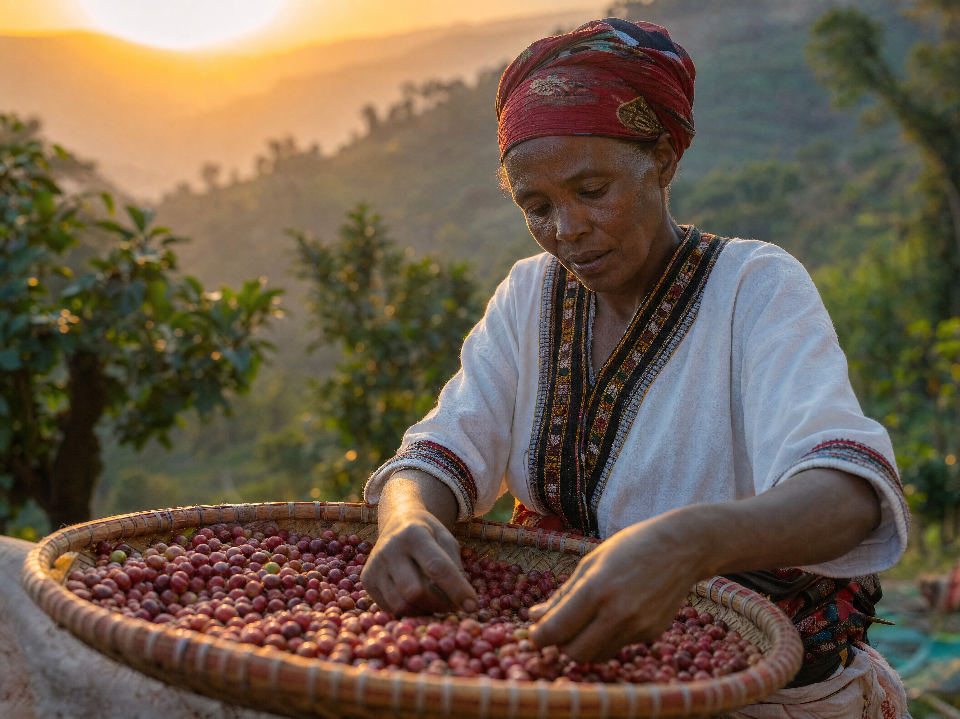Ethiopian coffee farmer hand-sorting red coffee cherries at golden hour