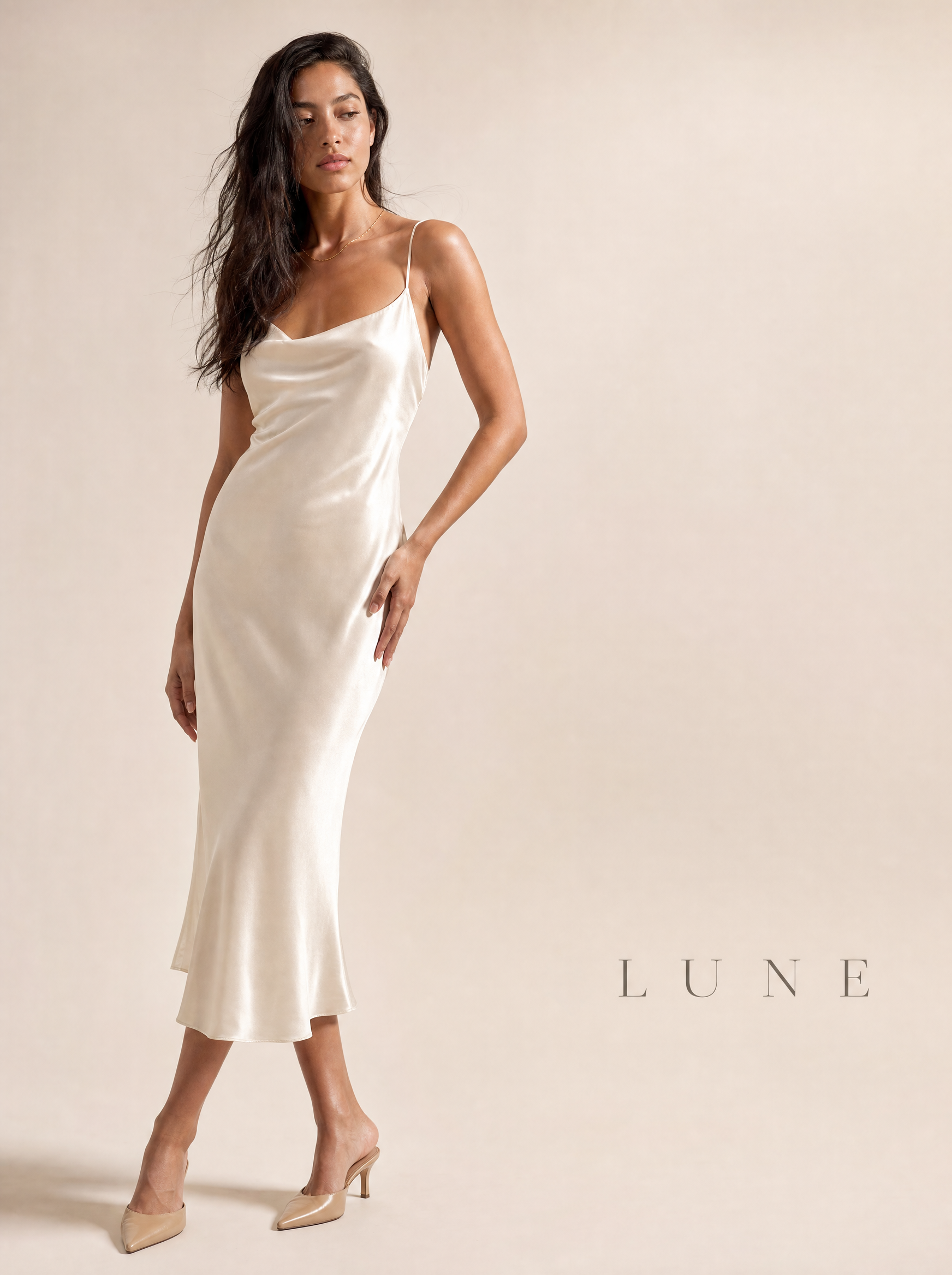 Ivory Silk Slip Dress — AI-generated HD luxury fashion editorial