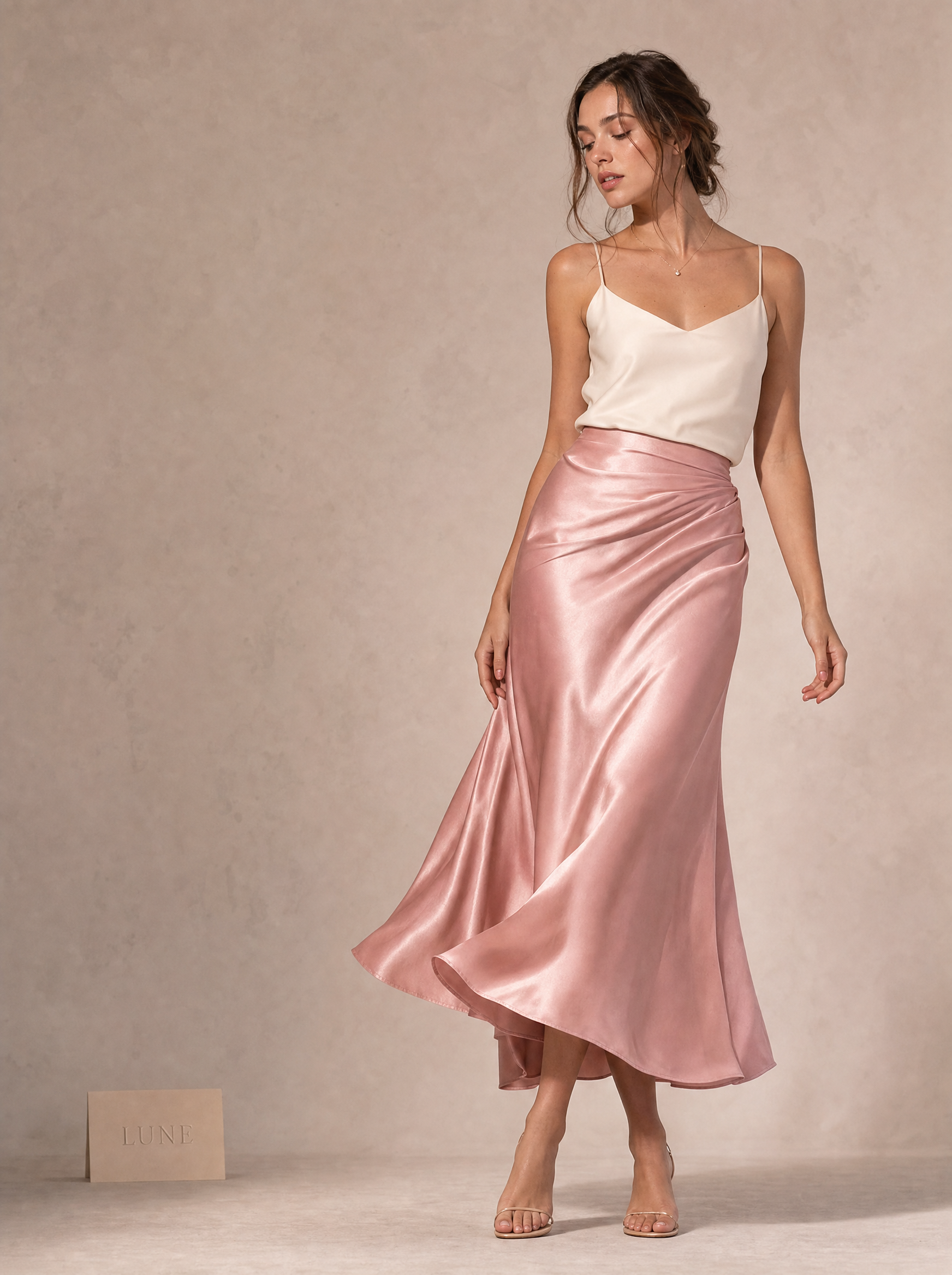 Draped Satin Midi Skirt in rose dust — HD luxury fashion image