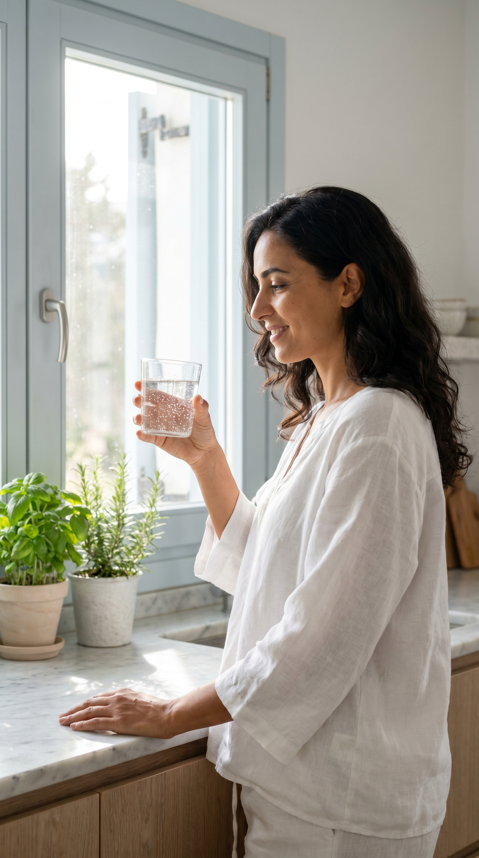 Mujer mediterránea saludable con agua activa