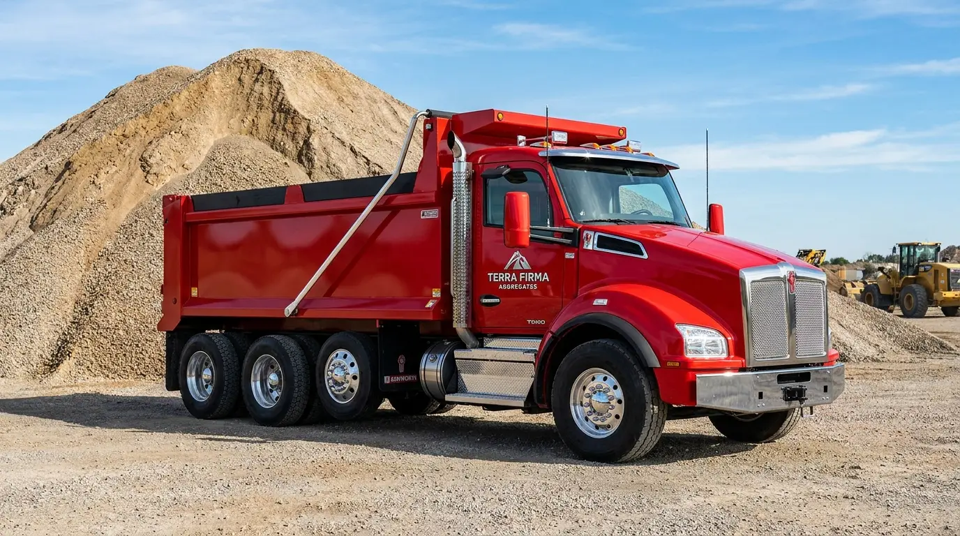 Red tri-axle dump truck parked at a construction aggregate site