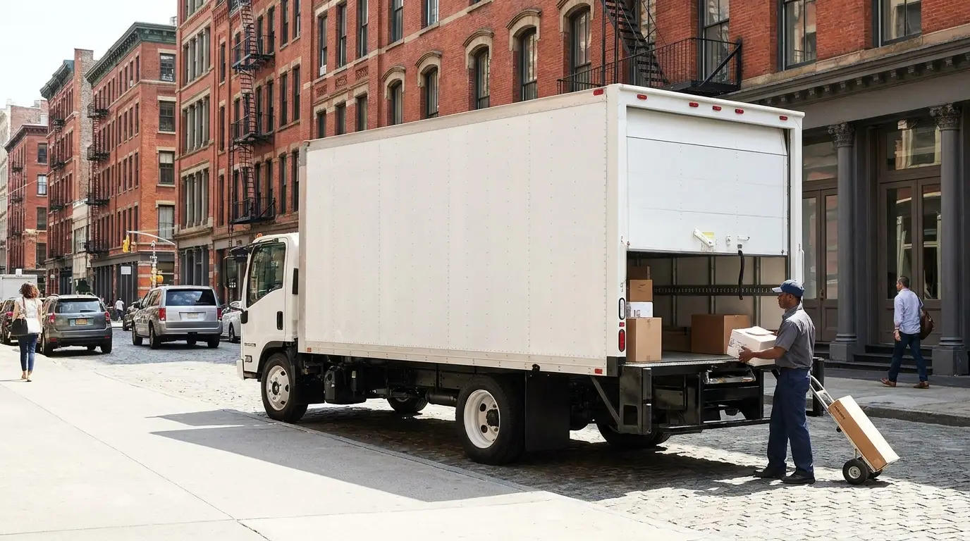 White 26 foot box truck parked on a city street for delivery