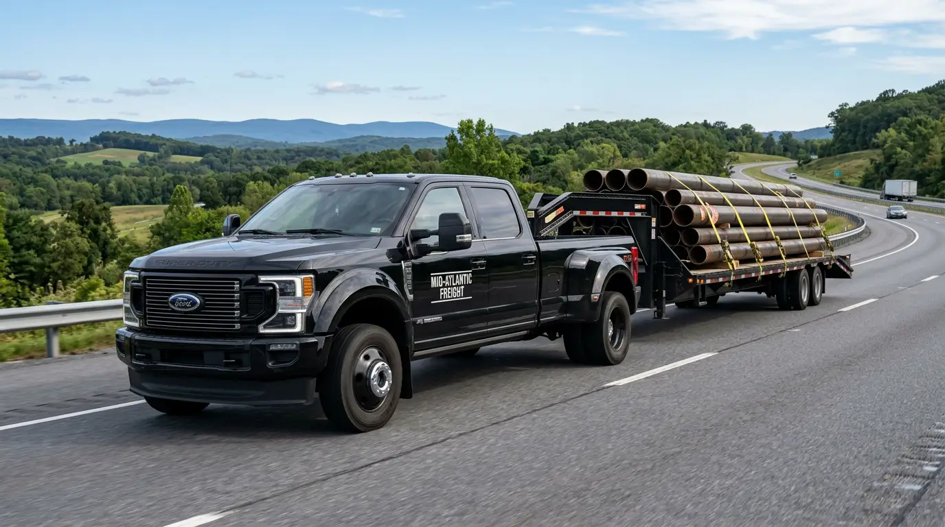 Black one ton dually pickup pulling a loaded gooseneck flatbed trailer