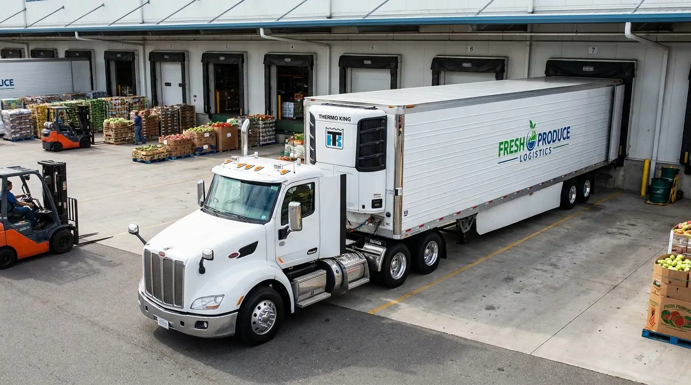 Semi truck with a white refrigerated reefer trailer at a cold storage dock