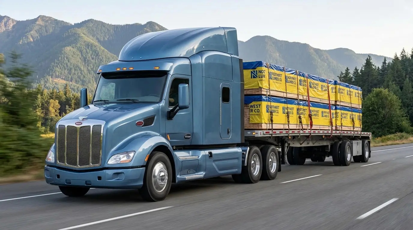 Semi truck pulling a flatbed trailer loaded with chained and strapped lumber