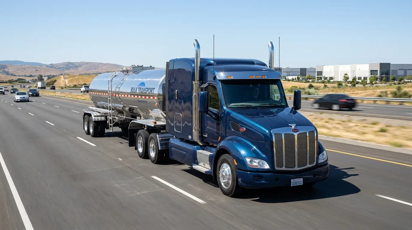 Semi truck pulling a polished stainless steel liquid tanker trailer
