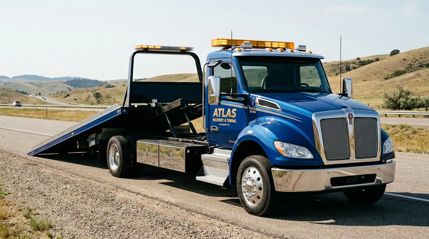Heavy duty flatbed rollback tow truck with an empty tilted deck
