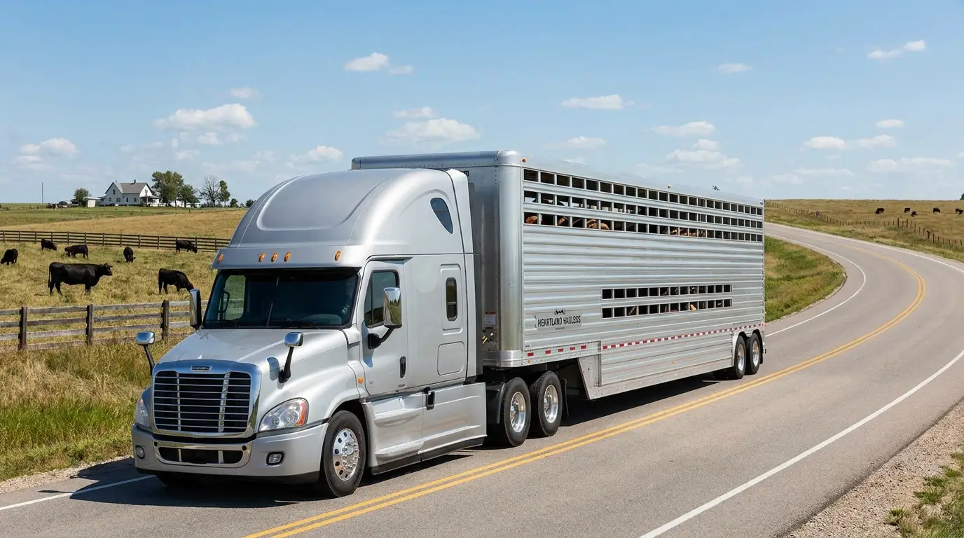Semi truck pulling a ventilated livestock cattle trailer on a rural highway