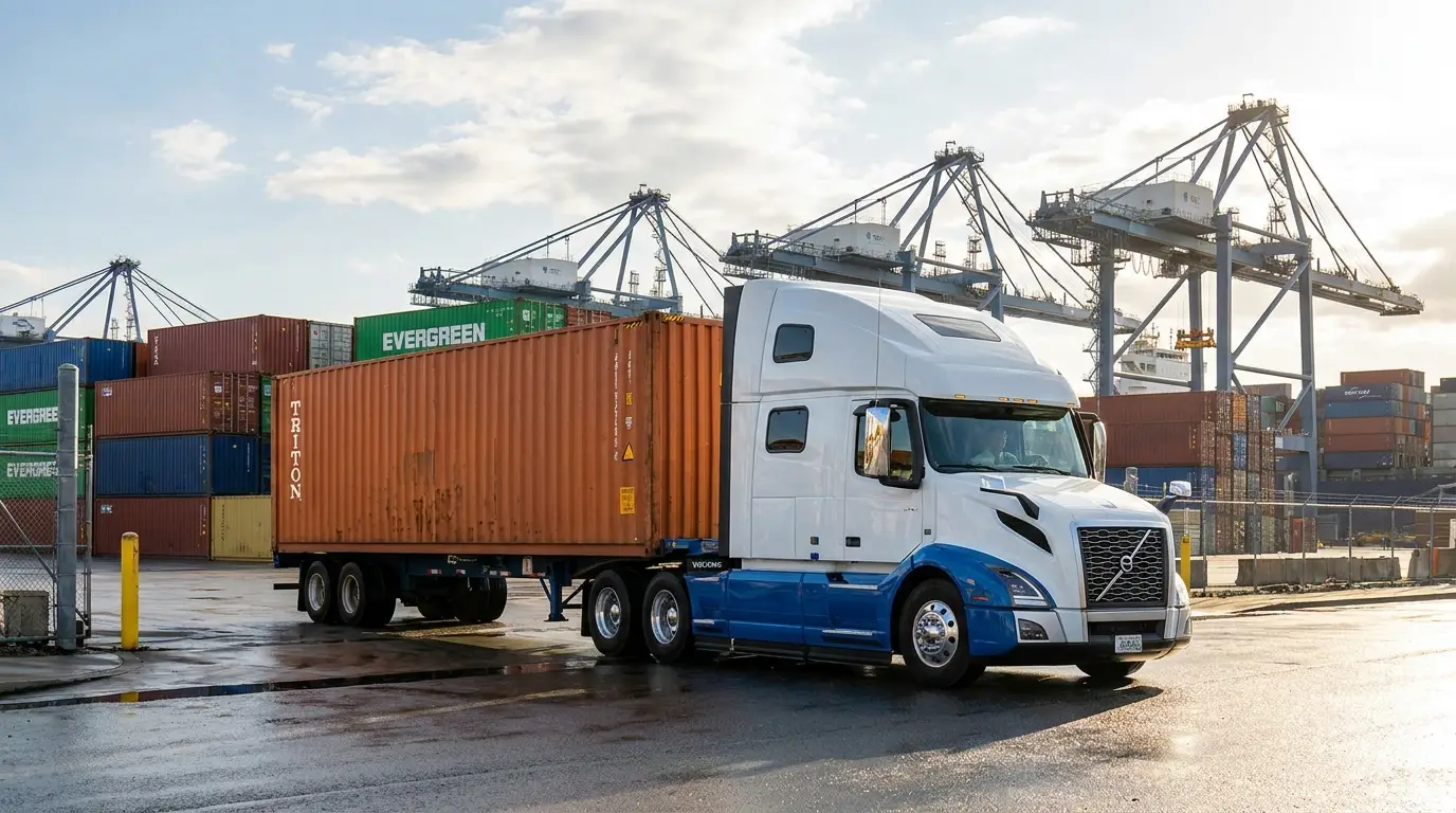 Drayage semi truck hauling a shipping container out of a port terminal