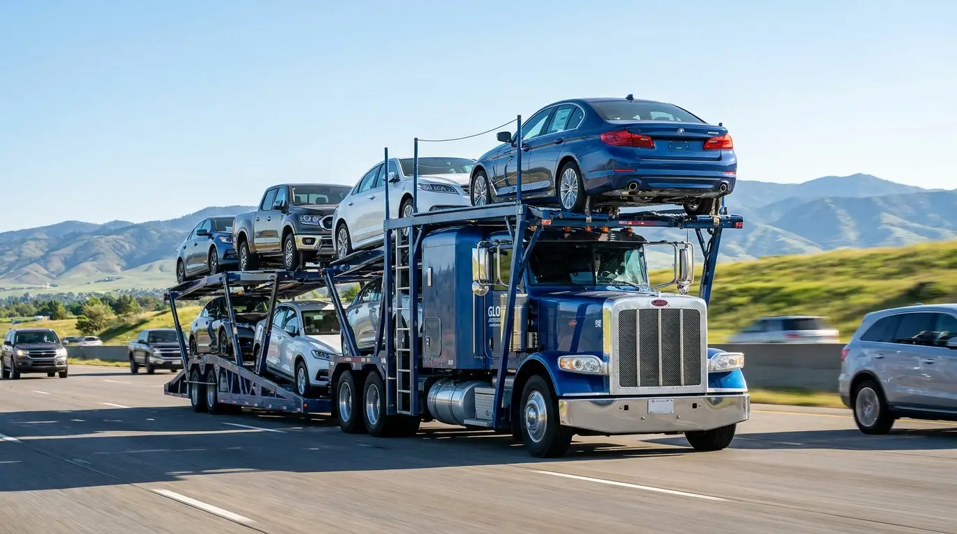 Two level open car hauler transporter loaded with new vehicles