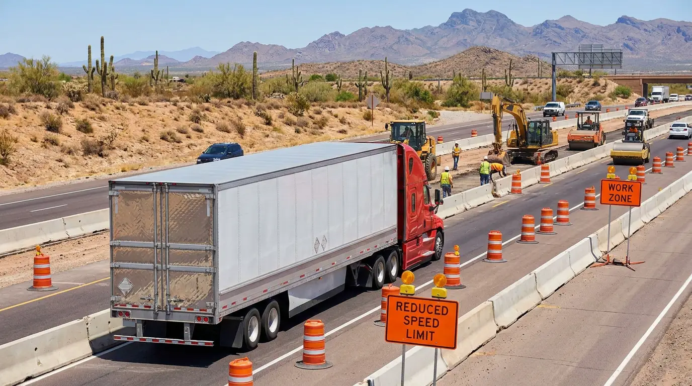 A red semi truck with a dry van trailer moving through a narrowed I-10 work zone lined with orange barrels and concrete barriers in the Arizona desert.