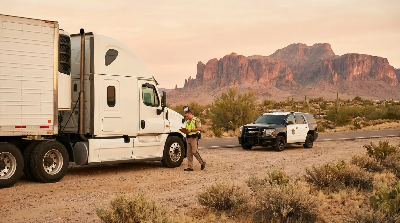 An officer walking alongside a white semi truck during a commercial vehicle roadside inspection at a desert pullout in Arizona.