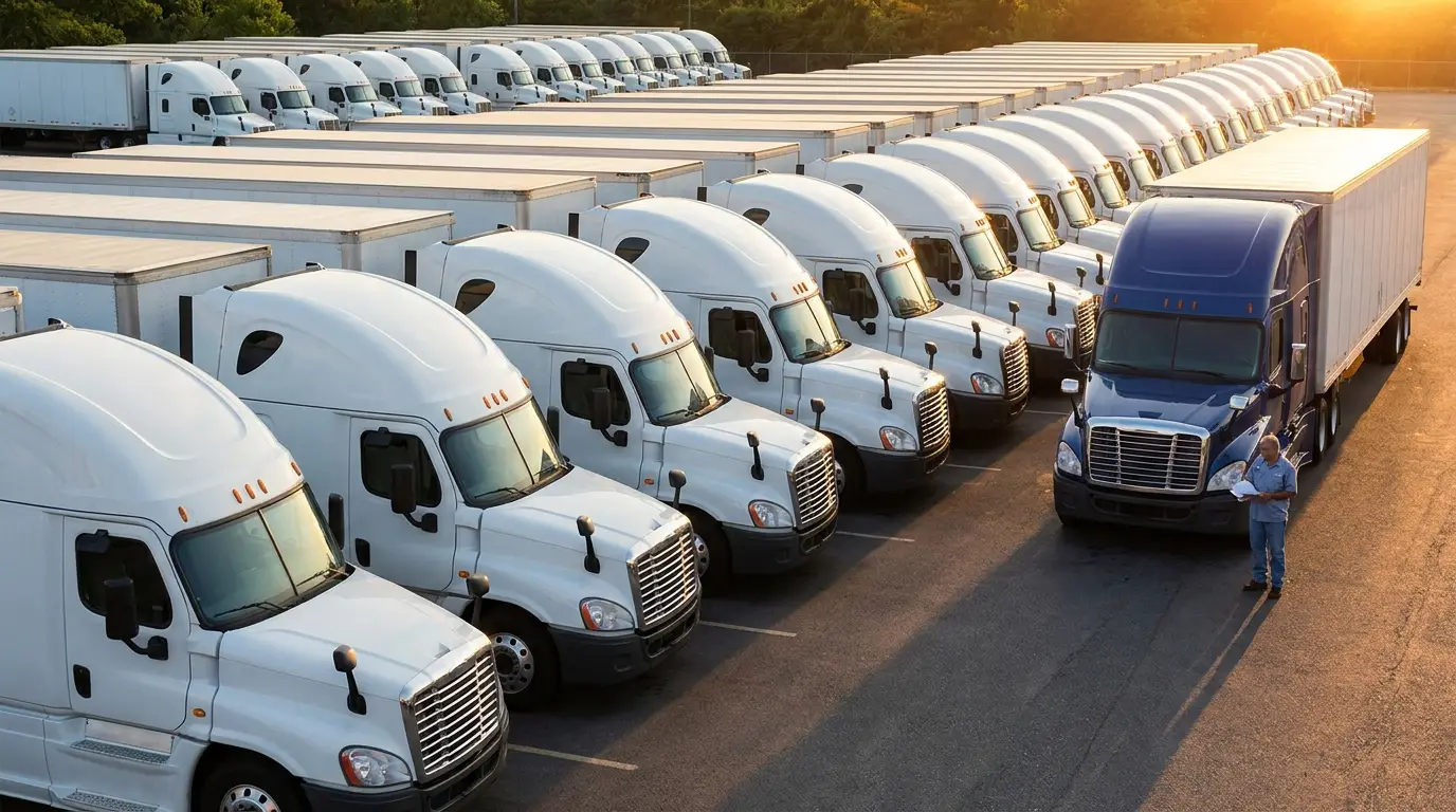 An owner-operator stands beside his own blue tractor at the end of a row of carrier trucks in a terminal yard, holding lease paperwork.