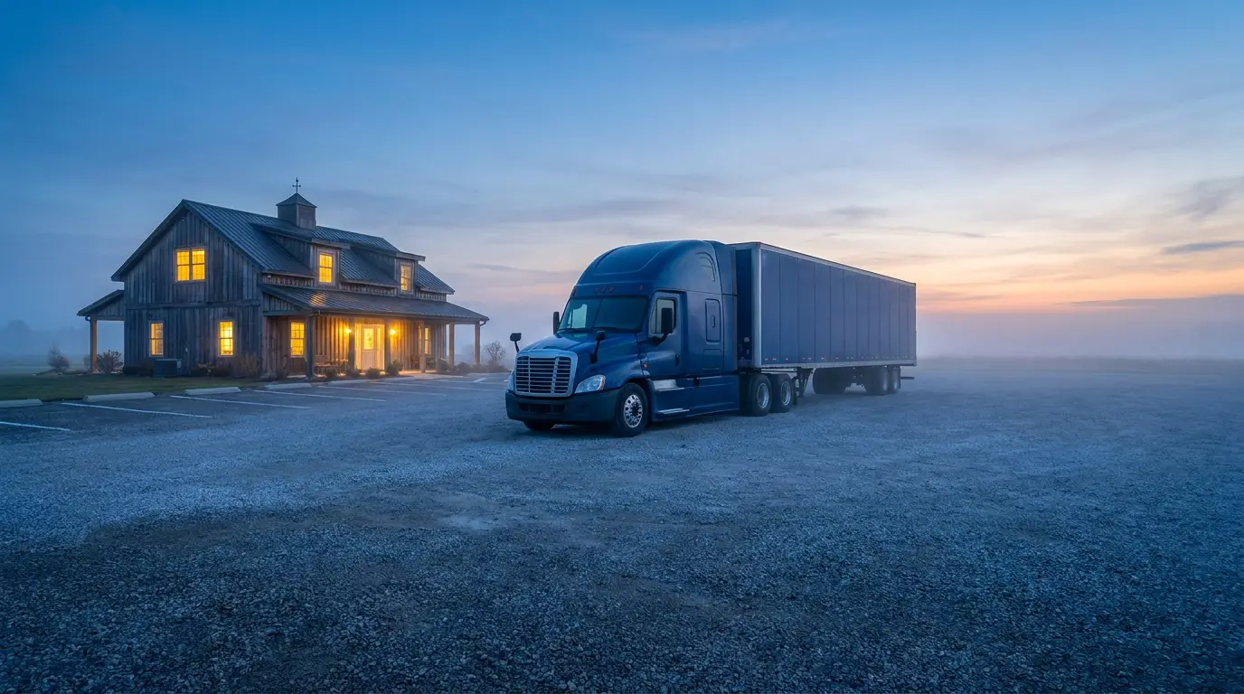 A single dark blue semi truck parked alone outside a small independent trucking office at dawn, the way a truck sits once it runs under its own authority.