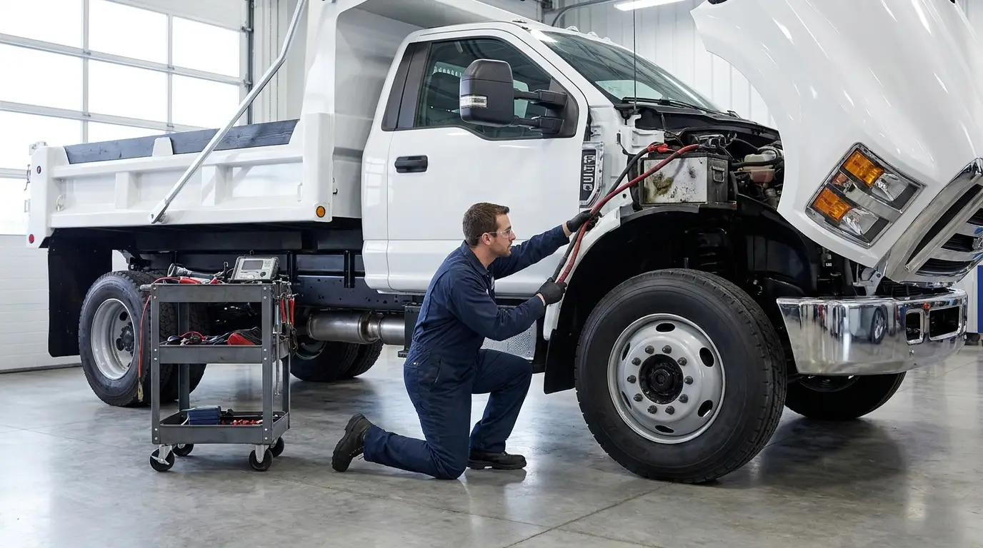 A diesel technician inspecting the battery box and heavy cables on a white medium duty work truck in a dealer service bay, the kind of repair an open truck recall calls for.