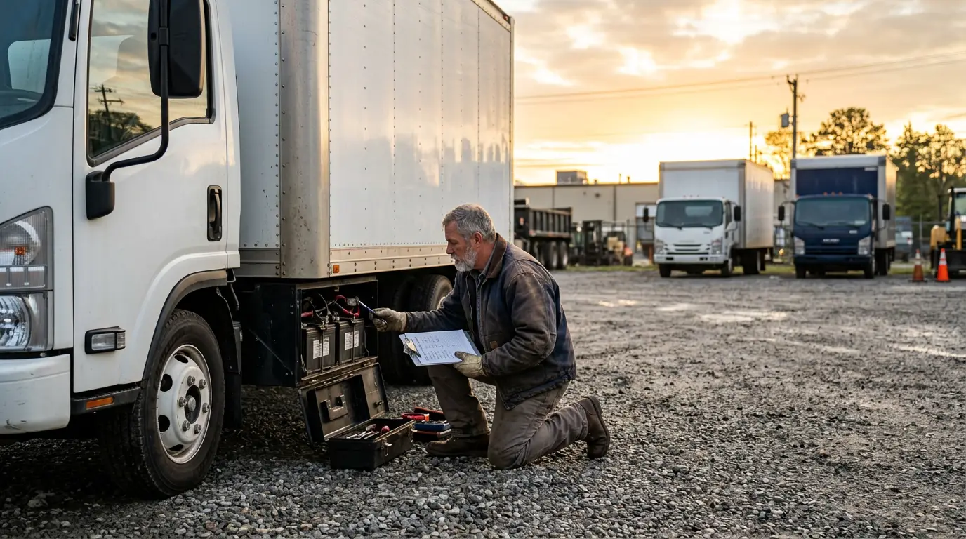 A small fleet owner checking the battery compartment of a medium duty box truck in a gravel yard at sunrise while reviewing paperwork, a routine open recall check before a truck insurance renewal.