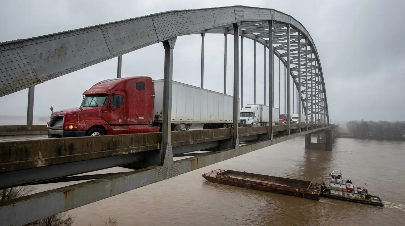 A red semi truck with a dry van trailer crossing a steel arch bridge over the Mississippi River in slow traffic behind other tractor trailers.