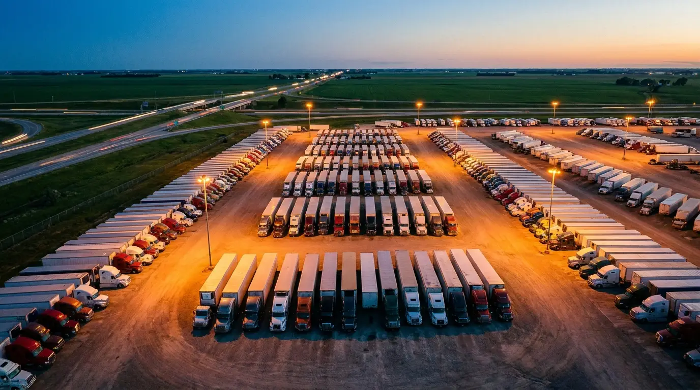 Rows of tractor trailers parked tightly together in a crowded truck stop lot at dusk beside an interstate interchange.