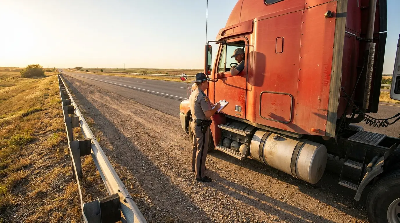 A state highway patrol officer writing on a clipboard beside the door of a red semi truck stopped on the shoulder of a rural interstate.