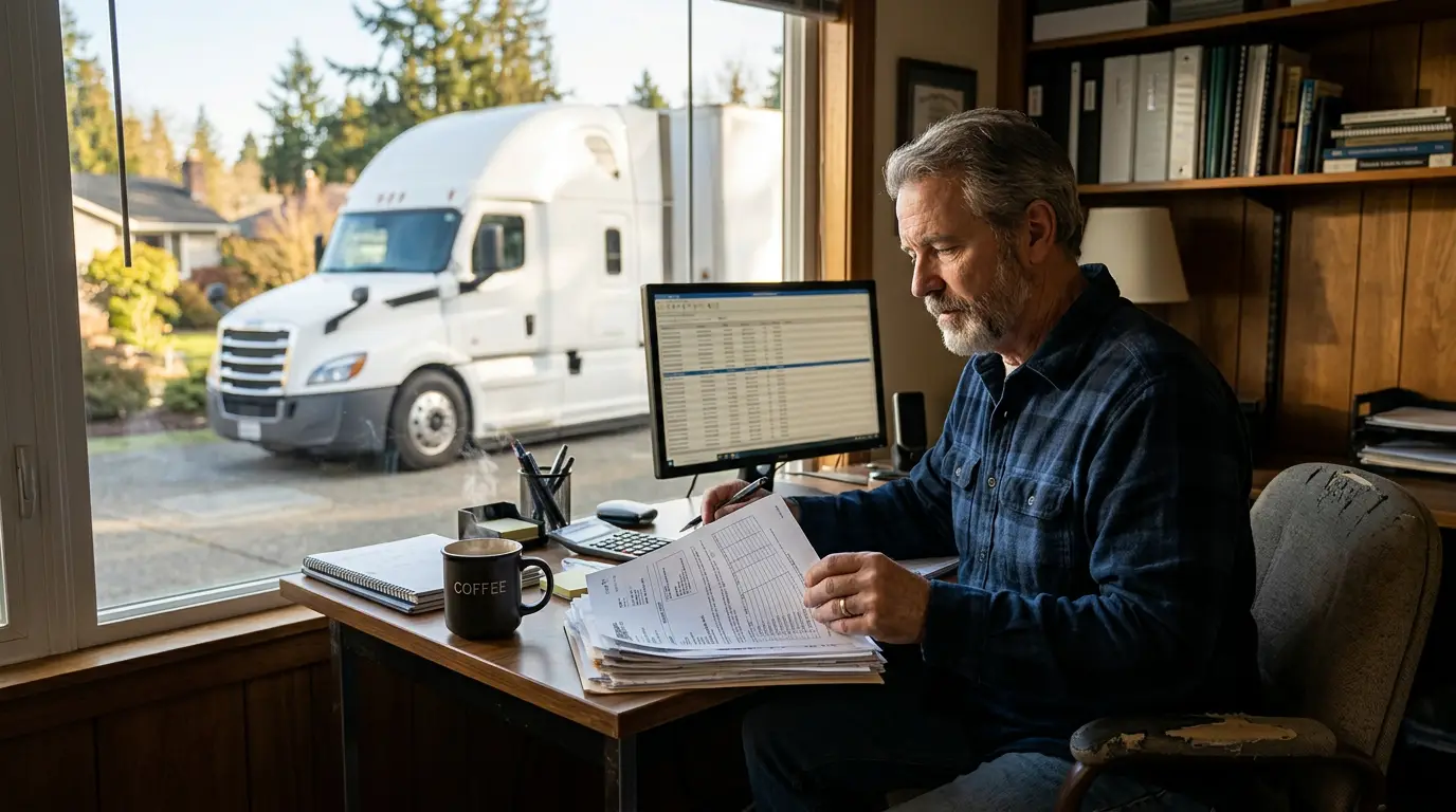 A commercial truck driver at a desk reviewing printed driving record paperwork with his tractor parked outside the window.