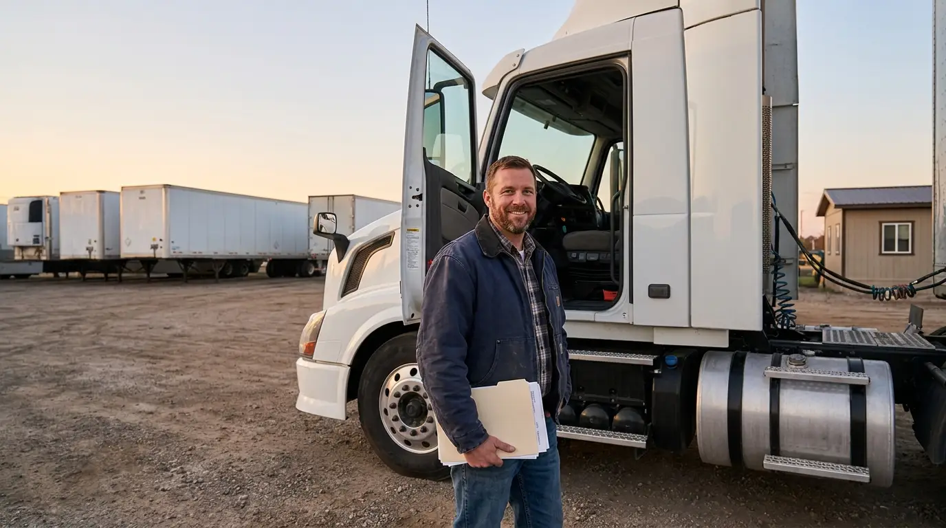 A newly hired truck driver in a work jacket standing with his paperwork beside the open door of a white day cab tractor at a small fleet yard, the moment before a truck insurance driver approval is needed.