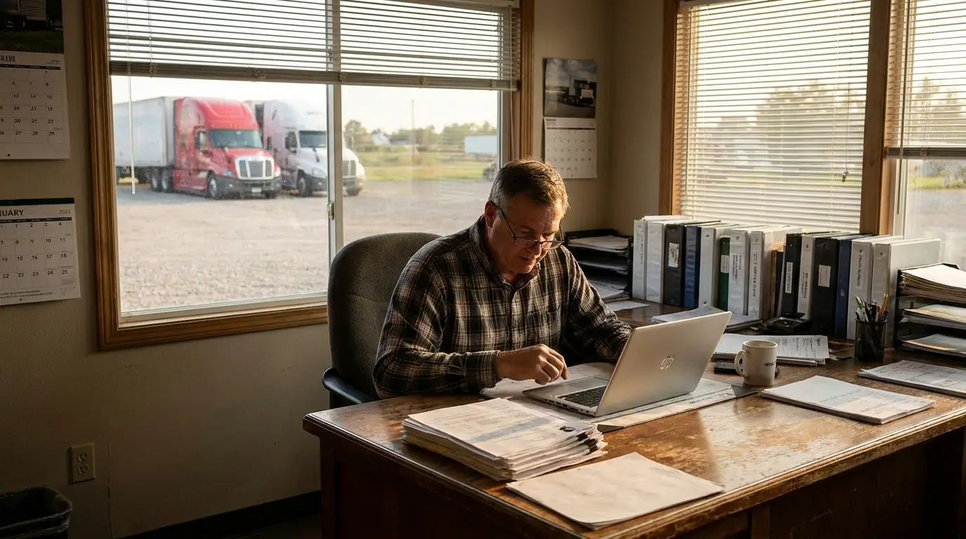 A small trucking company owner at his desk reviewing driver qualification paperwork with two tractor trailers parked outside the window, the file review that decides how a new driver is rated for truck insurance.